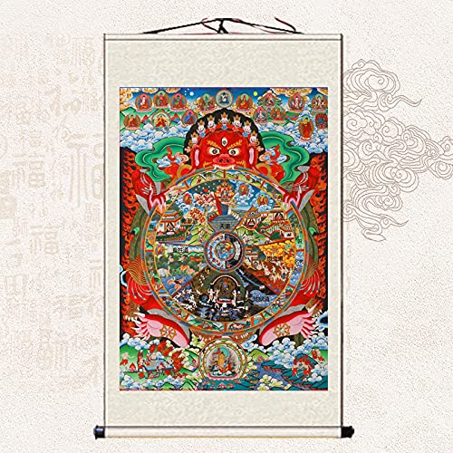 Rollbilder, Feng Shui tibetische Thangka, tibetische Thangka-Wandbehang, Thangka-Brokat, Mythologie Geschichte der Reinkarnation (Color : Milky)