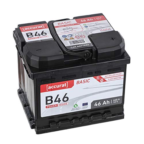 Accurat Basic B46 Autobatterie - 12V, 46Ah, 400A, zyklenfest, wartungsfrei, 30% mehr Startleistung, Ca-Technologie, Pluspol rechts - Starterbatterie, Nassbatterie, Blei-Säure Batterie