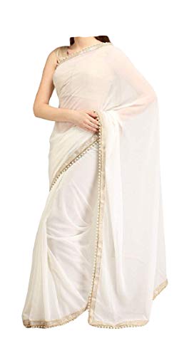 ABN Fashion Indische ethnische Hochzeit Faux Georgette Frauen Partywear Sari mit ungenähter Bluse - Weiß - Einheitsgröße