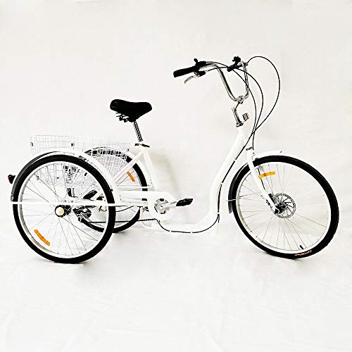 FUROMG 26 Zoll 3 Räder Dreirad für Erwachsene mit Einkaufskorb 6 Gäng Fahrrad Trike Behindertenrad mit Einkaufskorb Weiß