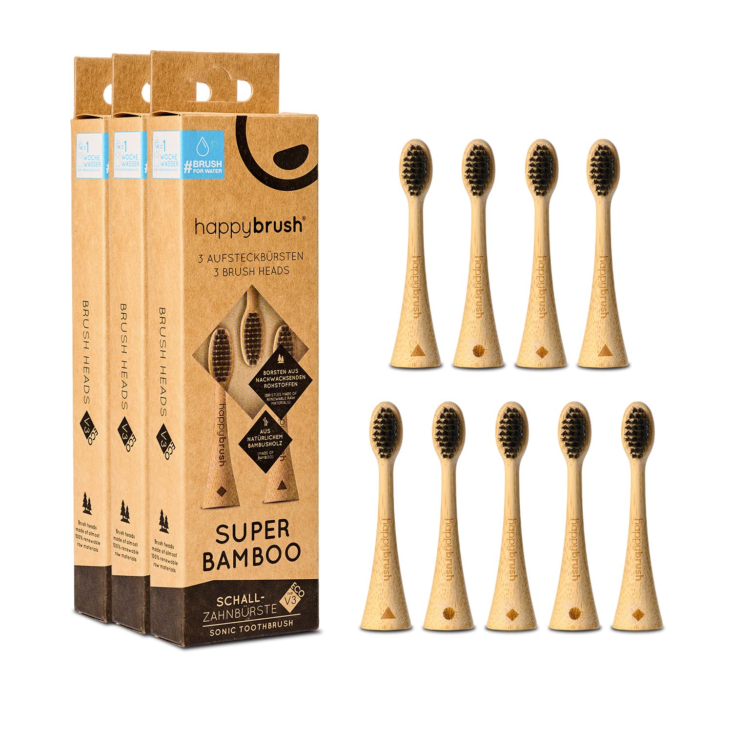 happybrush® Nachhaltige Aufsteckbürsten aus Bambus für elektrische Schall-Zahnbürste Eco VIBE 3 - Sensitiv bei empfindlichen Zähnen und Zahnfleisch - 3x3 Stück