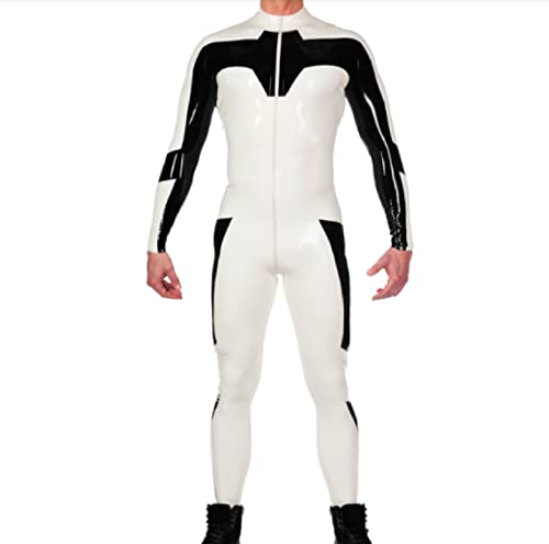 Latex Racing Catsuit Gummi Bodysuit Kleidung Weiß Schwarz Overall Reißverschluss vorne im Schritt ohne Socken, andere Farbe, XL