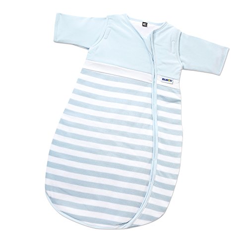 Gesslein Bubou Design 138: Temperaturregulierender Ganzjahreschlafsack/Schlafsack für Babys/Kinder, Größe 110, hellblau gestreift