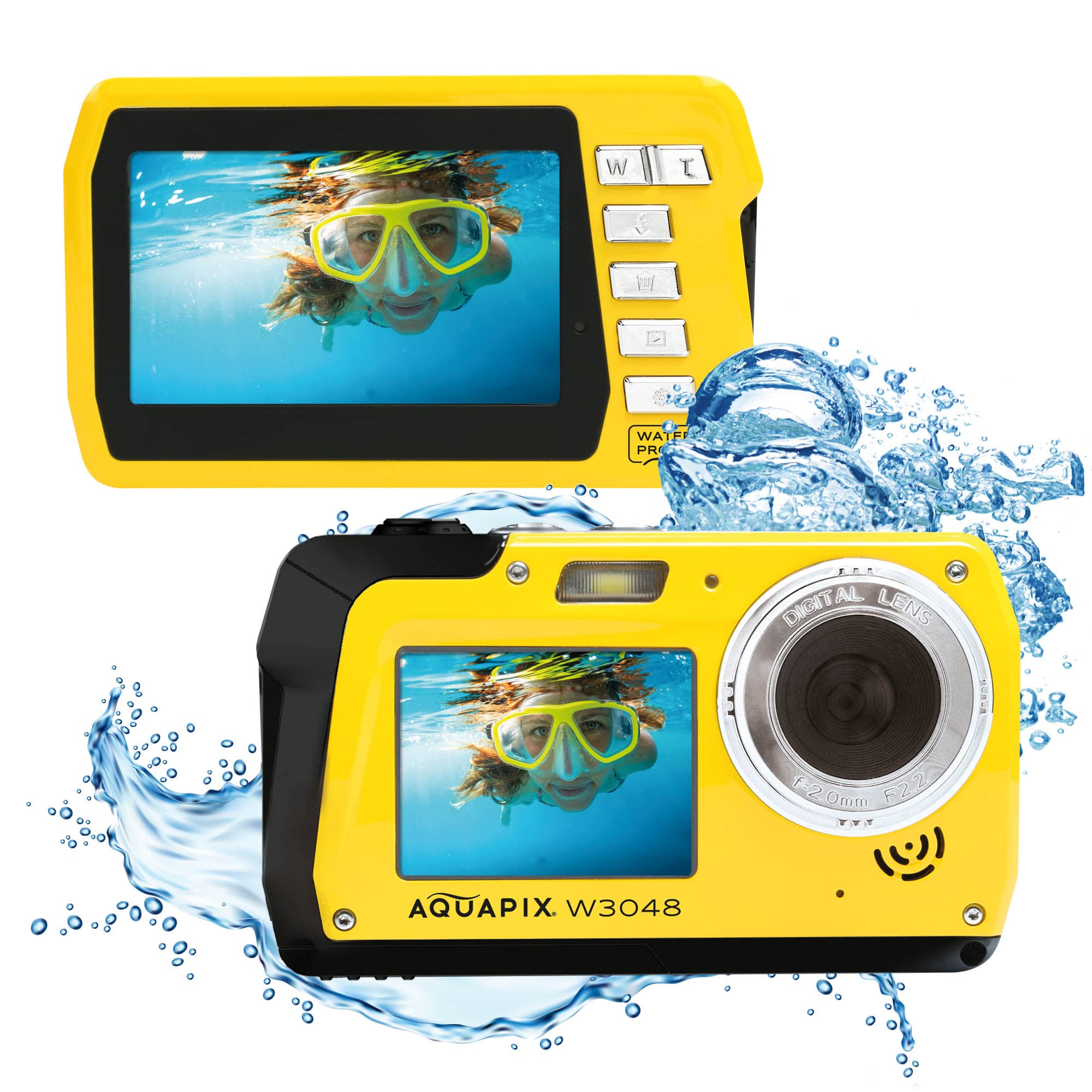 Aquapix W3048 'Edge' Unterwasserkamera mit Zwei Displays, wasserfest bis 3 m, bis zu 48 MP Auflösung, 16x Digital-Zoom, 13 MP Sensor, Video bis 4K, Gelb