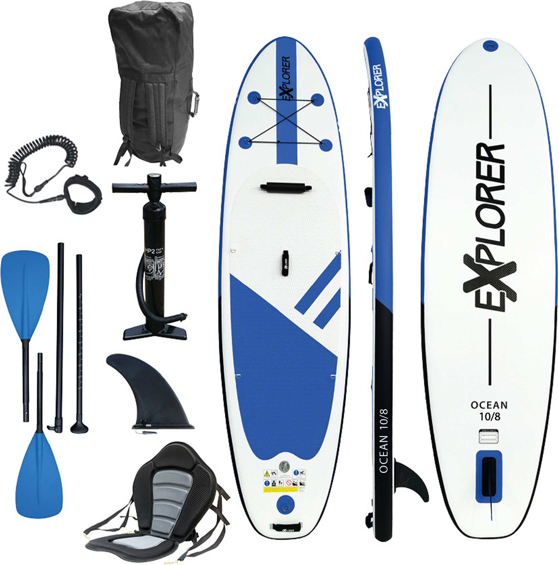 EXPLORER Inflatable SUP-Board "Ocean 10‘8“ Aufblasbares Stand Up Paddle Set (320x84x15cm)", (Set, 8 tlg., incl. Zubehör, Kajaksitz, Fußschlaufe)