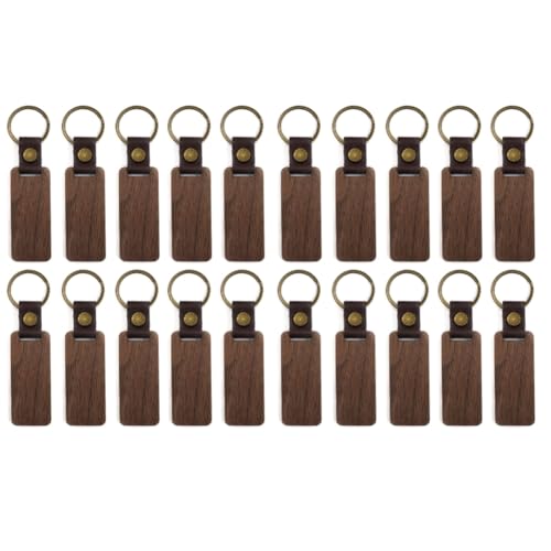 KIKAPA 20 Packungen Holz-Schlüsselanhänger, rechteckig, Rohlinge aus Leder, blanko, Walnuss, mit Schlüsselanhänger für DIY-Gravur, Geschenk, langlebig, einfach zu bedienen