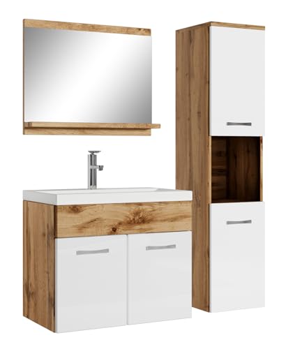 Badezimmer Badmöbel Set Montreal 60cm Waschbecken Wotan (Braun) mit Weiß - Unterschrank Hochschrank Waschtisch Möbel