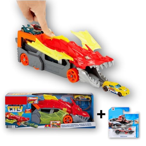 HappyHome Bundel | Drachenwerfer - Dragon Launch Transporter mit 2 Autos für Hot Wheels Bahn - Auto Spielzeug -