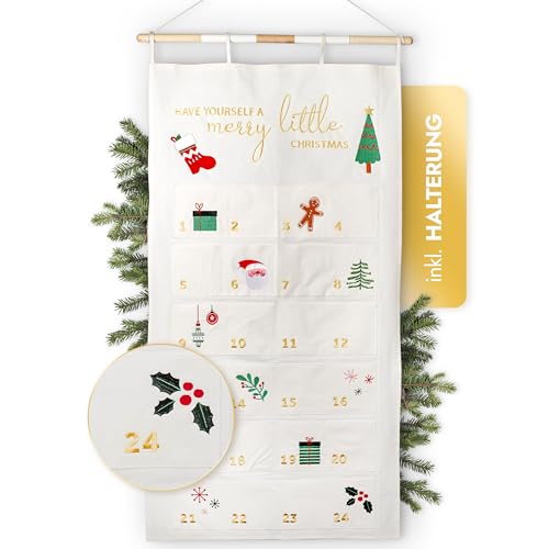 AMARI ® Adventskalender zum Befüllen Gold - XXL Wandkalender (70 x 130 cm) mit 24 Fächern zum Basteln für Weihnachten - Adventskalender zum Aufhängen Stoff - Weihnachtskalender