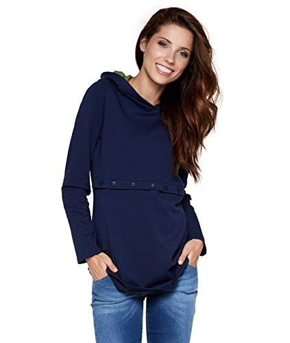 Be Mama - Maternity & Baby wear 2in1 Umstandspullover, Sweatshirt mit Kapuze, Still-Pulli, Modell: Duo, dunkelblau Button, Größe S/M