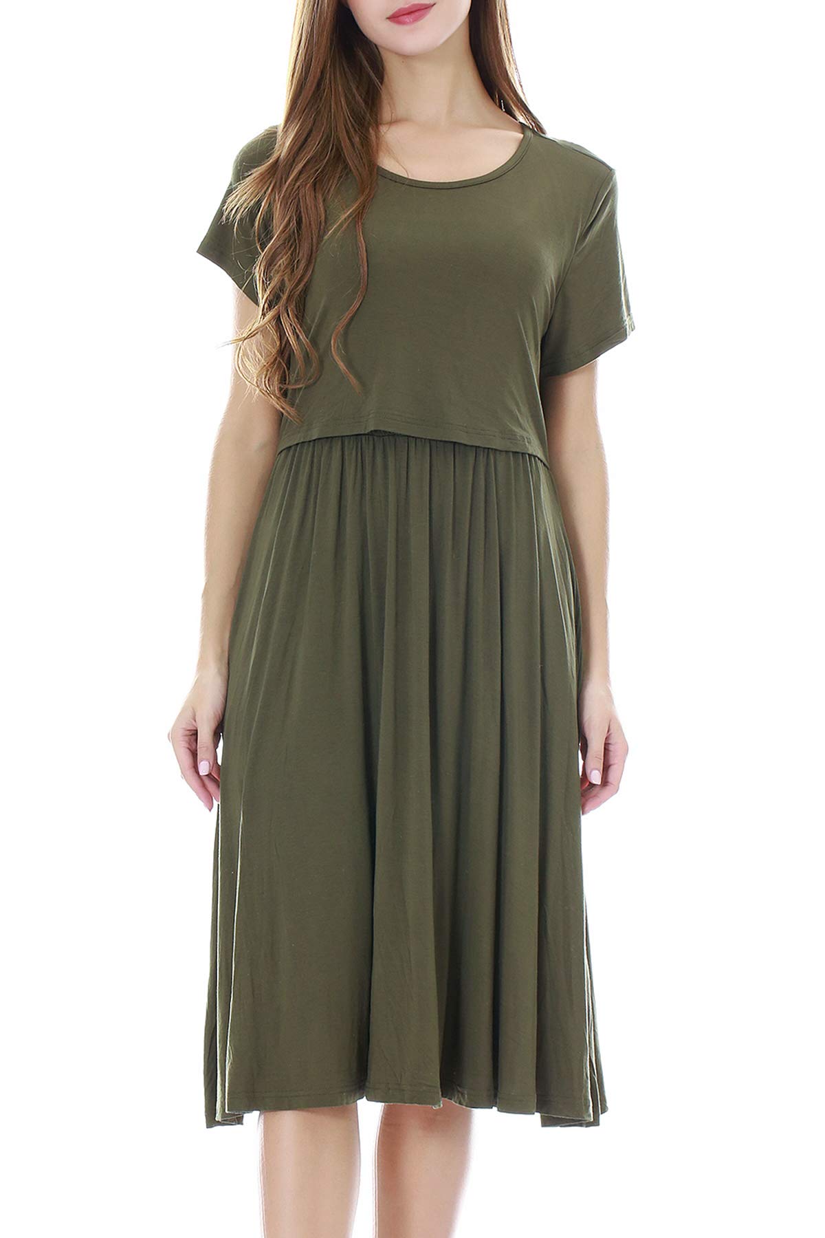 Smallshow Damen Lässiges Kurzarm Stillkleid Umstandskleid für Stillen Army Green Medium