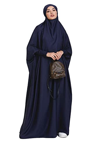 GreeSafety Damen Einteiler Muslim Gebetskleid, Casual Einfarbig Lose Maxi Langarm Kleid Vollständige Abdeckung Kapuze Muslimische Bademäntel mit Hijab - Einheitsgröße, dunkelblau, Einheitsgröße