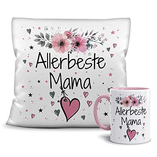 Print Royal Geschenk-Set aus Tasse und Kissen mit Füllung - Allerbeste Mama - Persönliche Geschenkidee für Beste Freunde, Verwandte und Familie - weiß/rosa