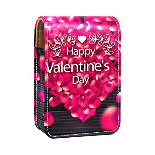 Lippenstift-Etui mit Aufschrift "Happy Valentine's Day", Retro-Stil, Holzblumen, Lippenstift-Halter, tragbare Make-up-Tasche, Reise-Lippenstift-Organizer, Etui mit Spiegel,