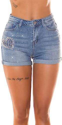 Koucla High Waist Jeans-Shorts mit Glitzersteinchen in Herz Form 38