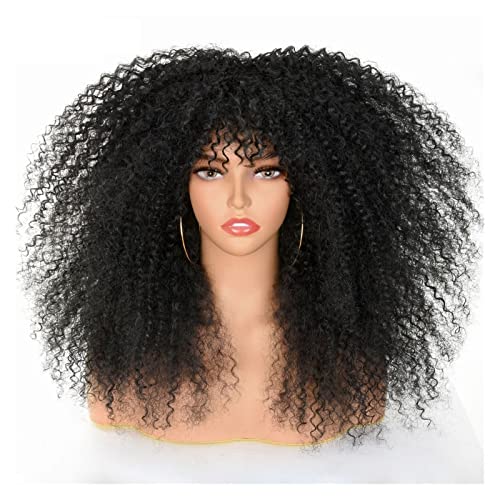 Perücken Afro Curly Perücken for schwarze Frauen Schwarz bis Braun Afro Kinky Curly Perücke mit Pony 18 Zoll Kunstfaser leimloses Cosplay-Haar Haarteile (Color : 1B, Size : 18 inch)