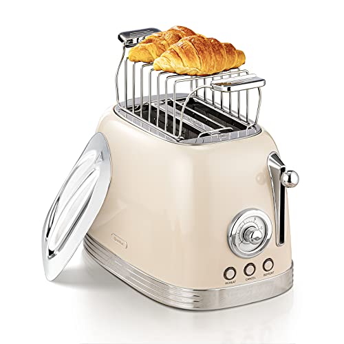 Wiltal Toaster 2 Scheiben, Retro, mit Brötchenaufsatz, mit Deckel aus Edelstahl, Vorheiz-, Auftau- und Abbruchfunktion, Countdown-Timer-Anzeige, Schnell-Toaster(Cremeweiß)