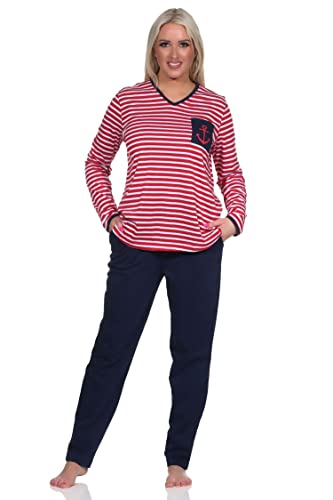 NORMANN-Wäschefabrik Damen Schlafanzug in maritimer Streifenoptik und Anker als Motiv - auch in Übergrössen, Farbe:rot, Größe:44-46