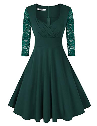 KOJOOIN Damen 50er Vintage Kleid Retro/Cocktailkleid/Abendkleid/Ballkleid Rockabilly V-Ausschnitt Kleid Knielang Langarm Dunkelgrün XL