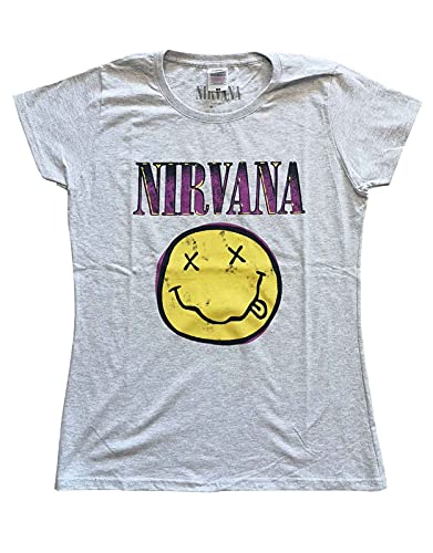 Nirvana T Shirt Smiley Rosa Band Logo offiziell Damen Skinny Fit Heather Grau