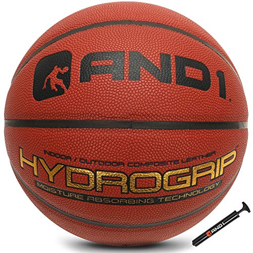 AND1 Hydrogrip Premium Composite Basketball & Pumpe, offizielle Größe 7 (74,9 cm), feuchtigkeitsableitender Streetball, für drinnen und draußen, Basketballspiele (Orange)