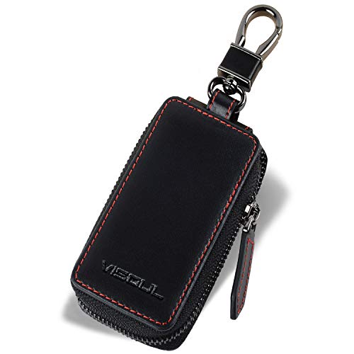 VISOUL Echt Leder Autoschlüssel Abdeckung Schlüsseltasche Hülle-Anhänger Antik Vintage Schwarz Karabienerhacken Tasche Reißverschluss