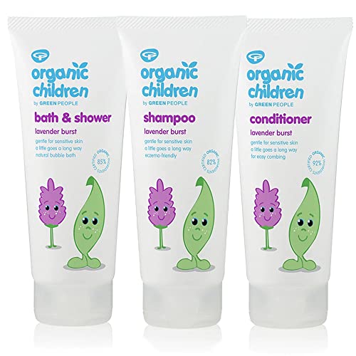 Green People, Bio Kinder Lavendel Burst Bad und Dusche 200 ml, Shampoo 200 ml und Conditioner 200 ml Bündel, schonend für empfindliche Haut, Ekzemfreundlich, zertifizierte Bio-Inhaltsstoffe