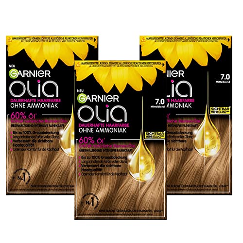 Garnier Olia 7.0 Mittelblond Dauerhafte Haarfarbe ohne Ammoniak mit pflegenden, natürlichen Ölen, Vollständige Grauhaarabdeckung, Permanente Coloration - 3 x 1 Stück