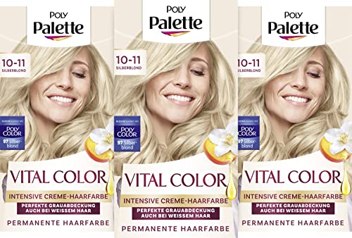 Poly Palette Vital Color Intensive Creme-Haarfarbe 10-11 Silberblond (3 x 115 ml), natürlich-aussehende & langanhaltende Coloration, permanente Coloration für 100% Grauabdeckung auch bei weißem Haar