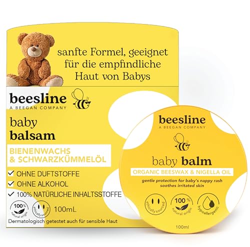 BEESLINE Baby Balm Organic Beewax & Nigella Oil, Babybalsam mit Bienenwachs, Sheabutter und Schwarzkümmelöl, Bienenwachscreme gegen Windelausschlag, Pflege für empfindliche Haut, Fettcreme, beegan