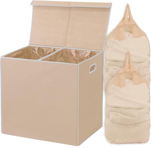 Simple Houseware Doppelter Wäschekorb mit Deckel und herausnehmbaren Wäschesäcken, Beige