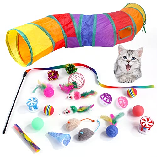 Katzenspielzeug Sortimentspackung mit Tunnel, Vielfalt Katzenspielzeug Set Einschließlich Faltbarer Regenbogen Tunnel, Katzenspielzeug Ball & Glocken, Interaktives Katzenfeder-Teaser Spielzeug für