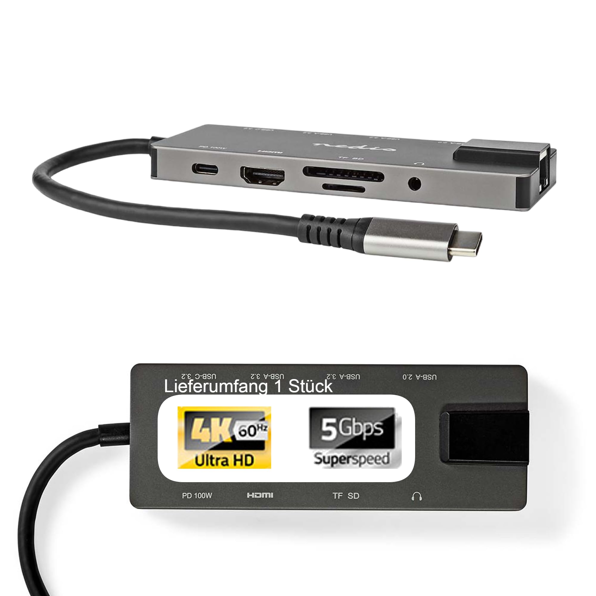TronicXL XL Multiport Adapter USB-C Stecker - HDMI Ausgang 4K RJ45 Ethernet Internet USB-A USB-C Verteiler Weiche HUB Laptop kompatibel mit Nintendo Switch I 100W Carderader SD Kartenlesegerätet