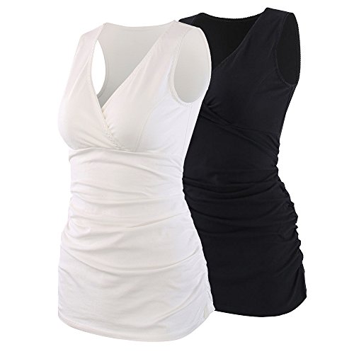 Manci Chwangerschafts & Still-Shirt, Damen Baumwolle Stillen Kleidung Schwangerschaft Top Umstandsmode Unterwäsche (Weiß&Schwarz, L)