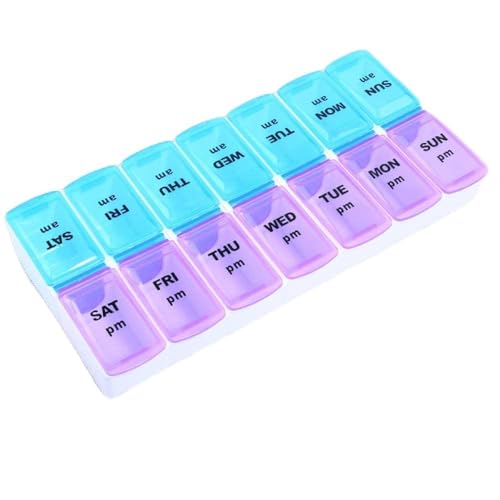 Tragbarer Medikamenten-Organizer von SkVLf: Kompaktes Reise-Pillenetui in 14 Farboptionen mit englischen Etiketten