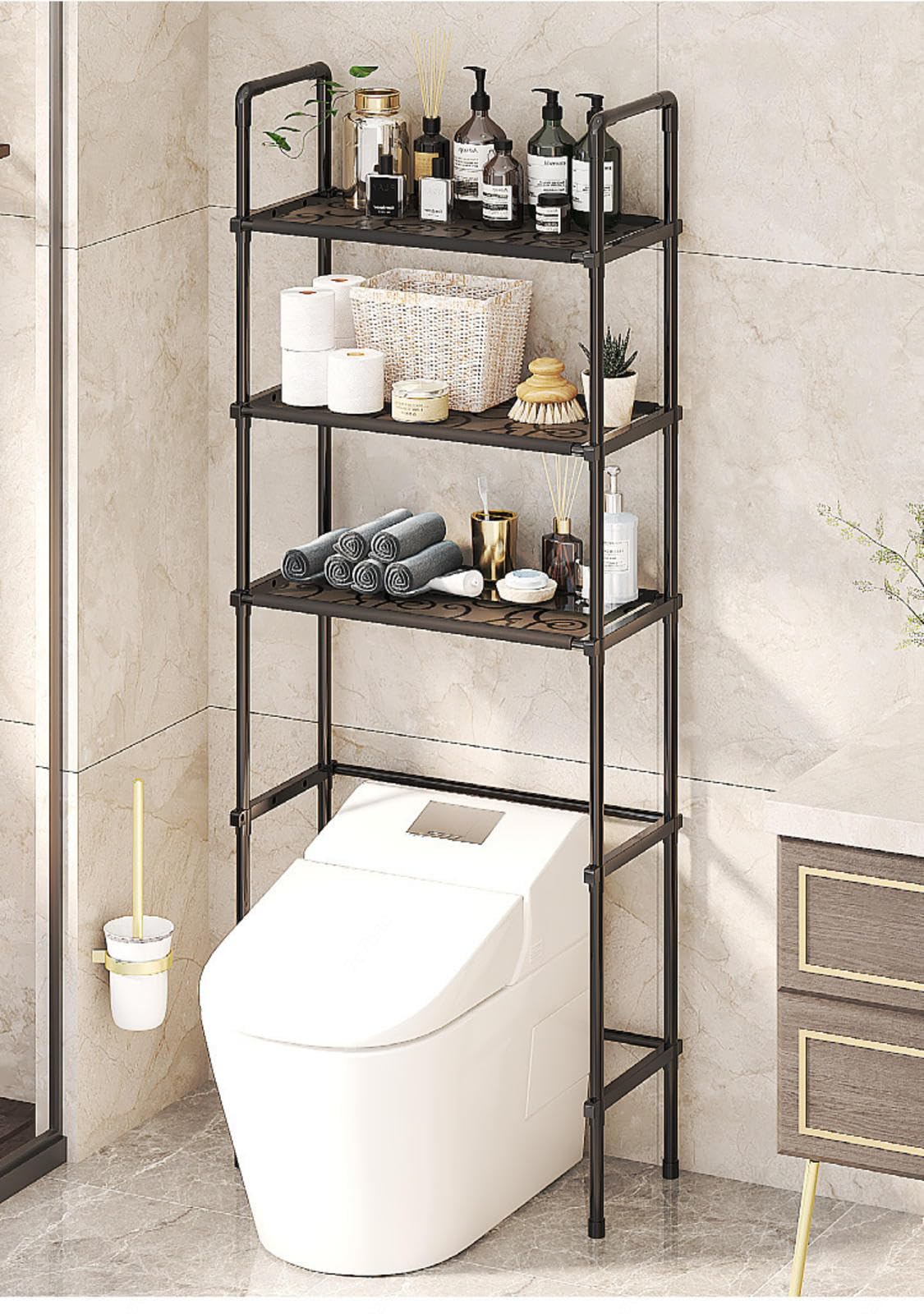 Waschmaschinenregal Toilettenregal Badezimmerregal Bad WC Stand Regal mit 3 Ablagen in schwarz platzsparend, leicht zu montieren,Black