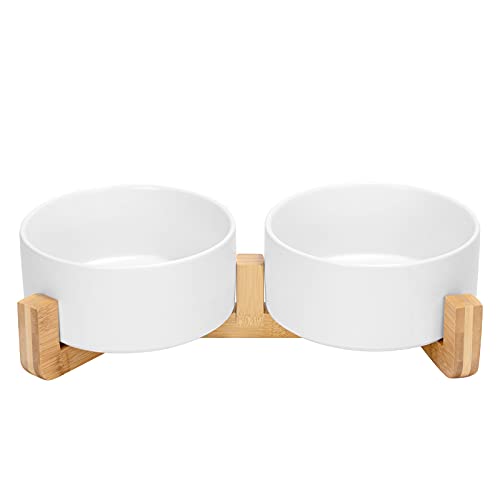 SPUNKYJUNKY Keramik Doppel Hund Futternapf mit Bambus Ständer für Katzen und Hunde (850ml, Weiß)