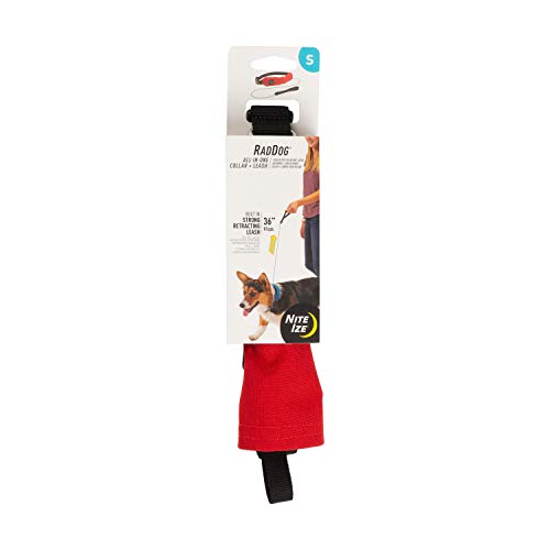 Nite Ize Raddog All-in-One Halsband und Leine, Kombi-Hundehalsband mit integrierter einziehbarer Leine, Rot, Größe S 35,6-40,6 cm