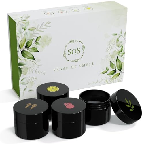 SOS Riechtraining Set Premium | Geruchstraining mit Riechgläsern | 100% ätherische Öle | Rose, Zitrone, Eukalyptus, Nelke | hilft bei Geruchsverlust oder vermindertem Geruchssinn