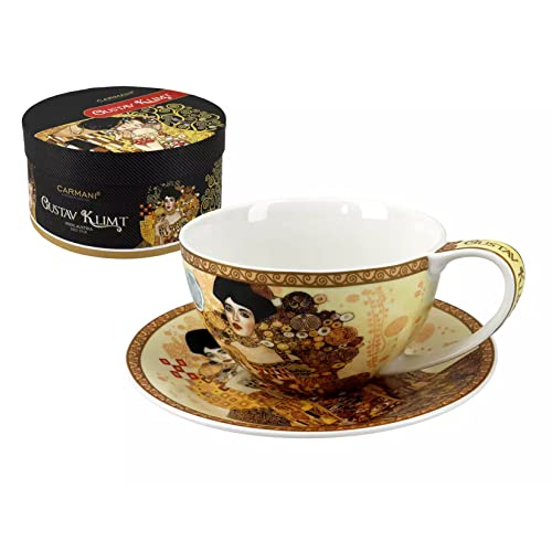 CARMANI - Porzellan Tee, Kaffee, Cappucino Tasse und Untertasse Set mit Gustav Klimt, Adele Bloch Bauer I. 360ml