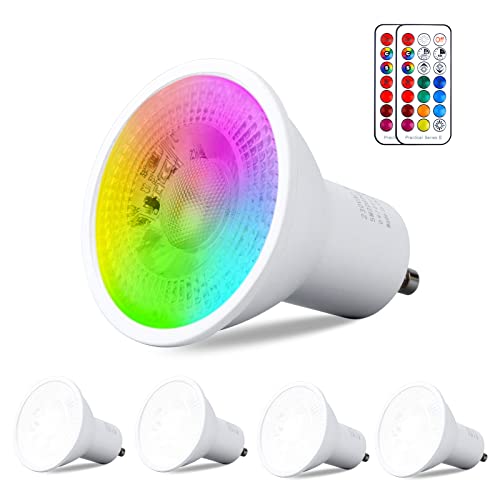 REYLAX GU10 RGB LED Farbwechsel Lampen, 5W Kaltweiß 3000K Dimmbar Glühbirne 50W Halogenlampen Gleichwertige, RGB LED Strahler Bunt, LED Spot Leuchtmittel mit Fernbedienung (4 Stück)
