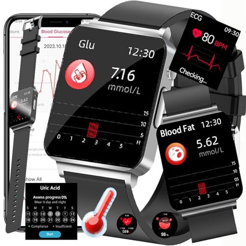 Fohatu 𝐄𝐂𝐆 Smartwatch 𝐛𝐥𝐮𝐭𝐳𝐮𝐜𝐤𝐞𝐫𝐛𝐥𝐮𝐭𝐳𝐮𝐜𝐤𝐞𝐫𝐦𝐞𝐬𝐬𝐮𝐧𝐠,Smartwatch Mit Bluetooth-Anrufe Blutfette Harnsäure Körpertemperatur Monitor,Silver