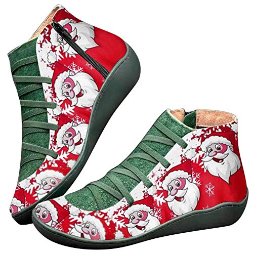Lanbowo Kunstleder Stiefeletten Vintage Schnürer Damen Schuhe Weihnachtsmann Bedruckt Reißverschluss für Weihnachten - Grün, 39