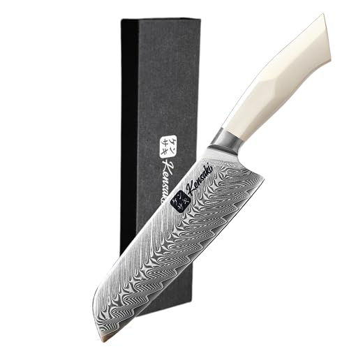 Kensaki Santoku Messer aus Damaszener Stahl Küchenmesser Japanischer Art hergestellt aus 67 Lagen Damaststahl | Weißer G10 Griff - Shiro Serie