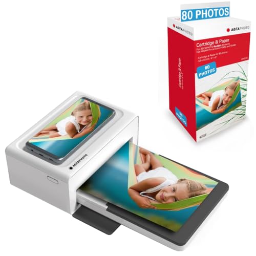 AGFA Photo Realipix Moments Drucker-Paket + Patronen und Papiere für 80 zusätzliche Fotos – Bluetooth-Fotodruck 10 x 15 cm Smartphone Apple und Android, 4 Pass Sublimation Thermal – Weiß