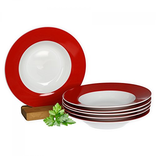 Van Well 6er Set Suppenteller Serie Vario Porzellan - Farbe wählbar, Farbe:rot