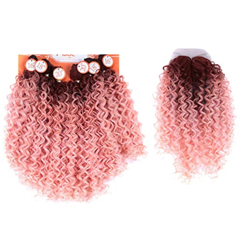 Synthetische Haarwebart 16-20 Zoll 7Pieces/lot Afro Kinky Curly Hair Bundles mit Verschluss Afrikanische Spitze für Frauenhaar -3T-340-PINK9,16 18 20 7pcslot