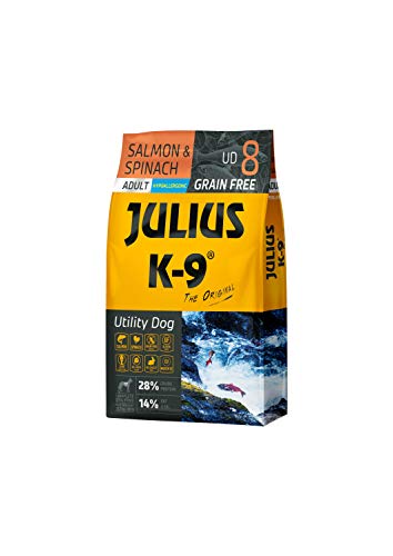 Julius K-9 Arbeitshund Erwachsenen Lachs & Spinat getreidefreies, glutenfreies Hunde-Trockenfutter, 1er Pack (1 x 10 kg)