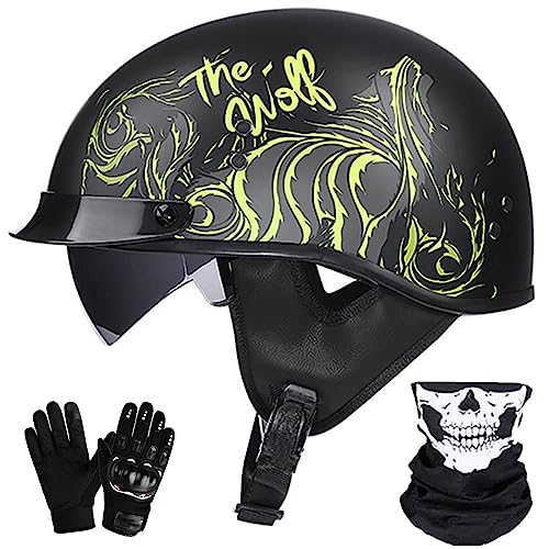 Motorrad Retro Halbhelm Erwachsene Männer Frauen Vintage Deutscher Stil Half Face Skull Cap Helme Gesichtshelm Motocross Helm Roller Moped Helm Senden Sie Handschuhe + Kopfbedeckung ECE-Zula