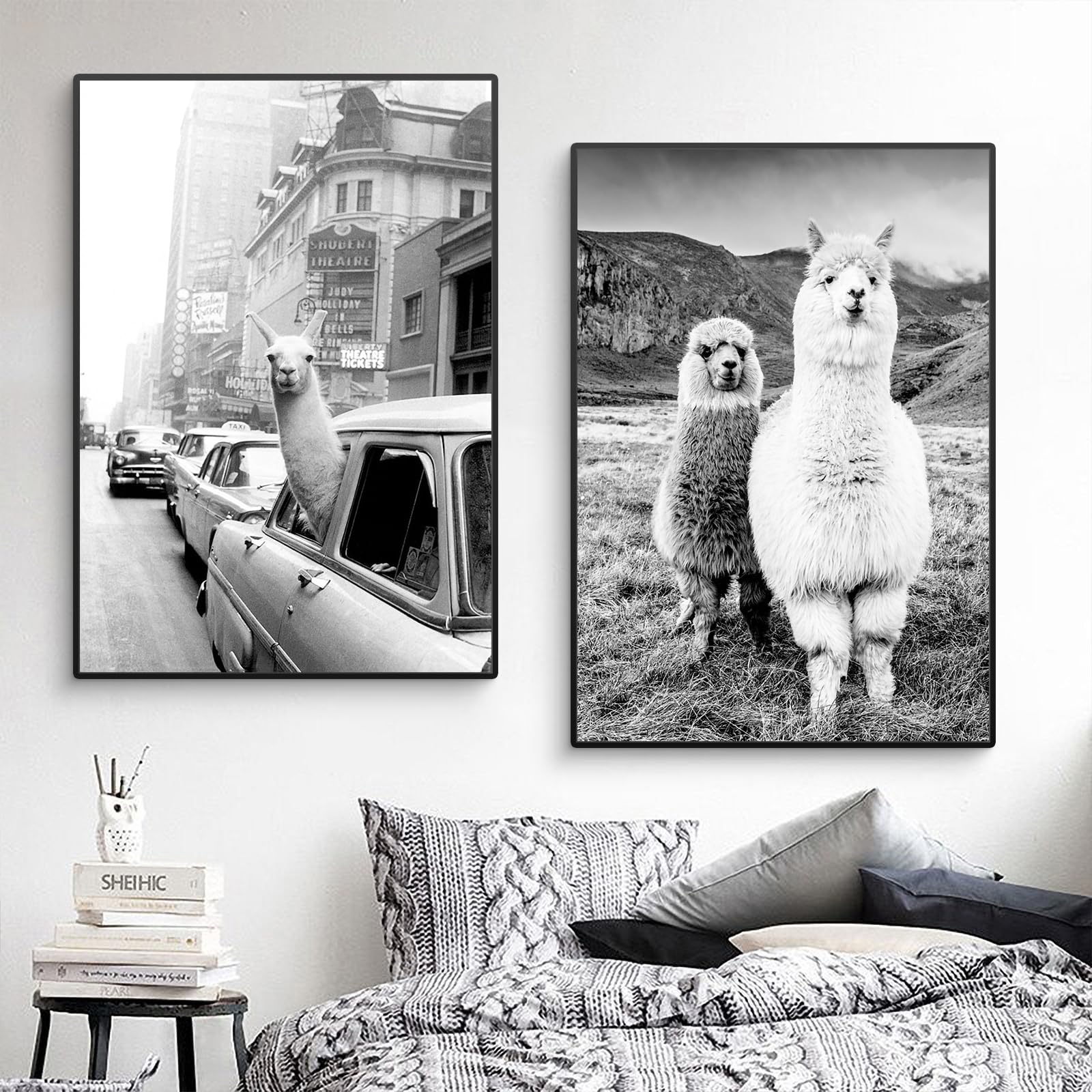 CULASIGN 2 Stück Premium Poster Set Ohne Rahmen, Schwarz Und Weiß Alpaka, Moderne Wandkunst Tier Bilder, Wandbilder Deko für Wohnzimmer Büro Flur Eingang (40x50cm)